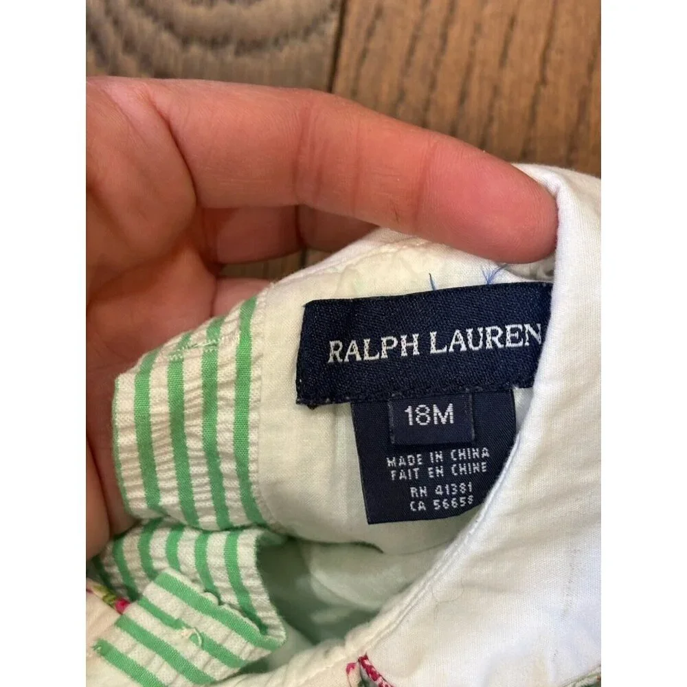 Ralph Lauren Green & White Striped Seersucker Baby One-Piece with Pink Collar